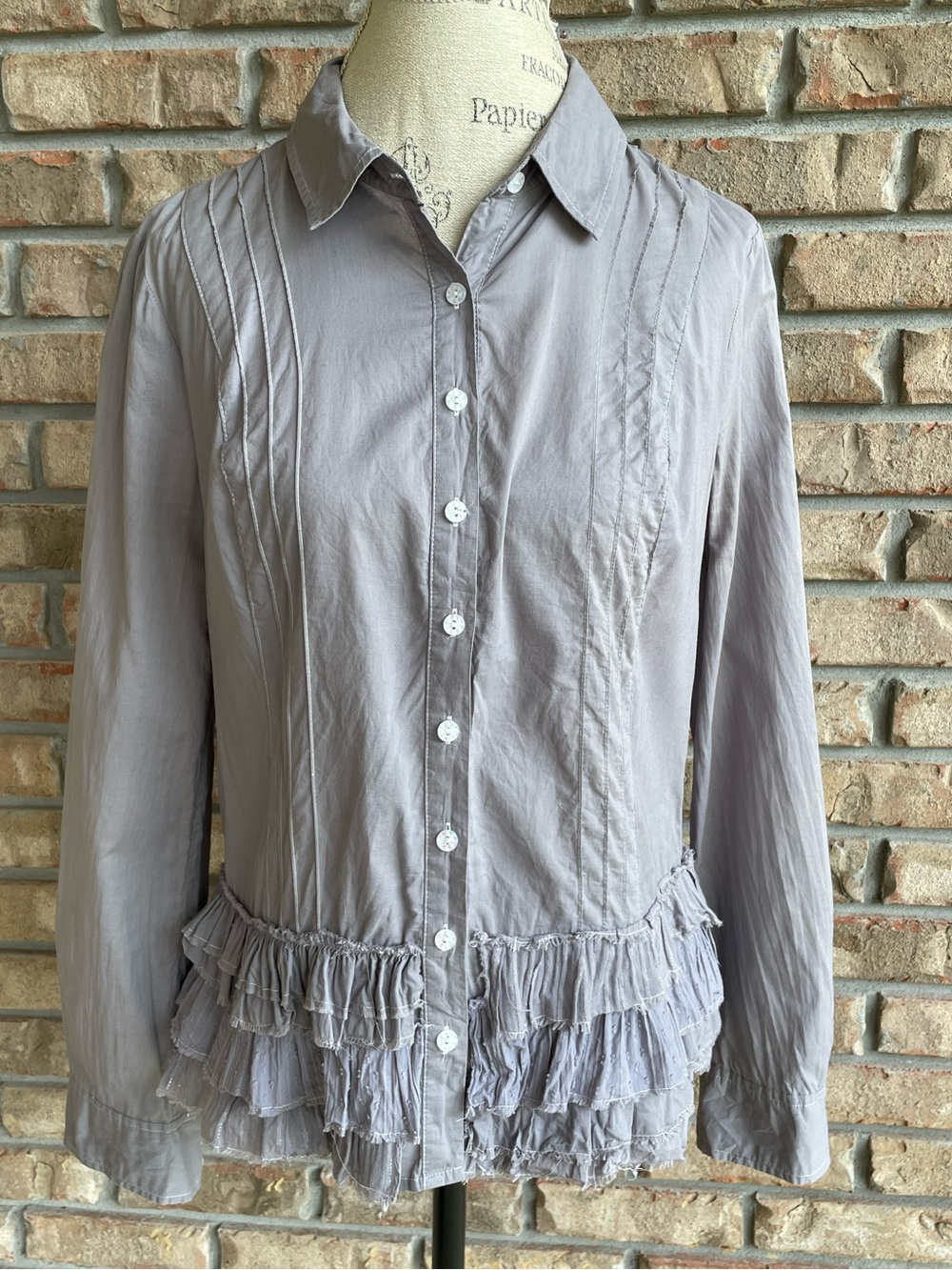 Odille Anthropologie Light Gray Ruffle Hem Button-Down Shirt